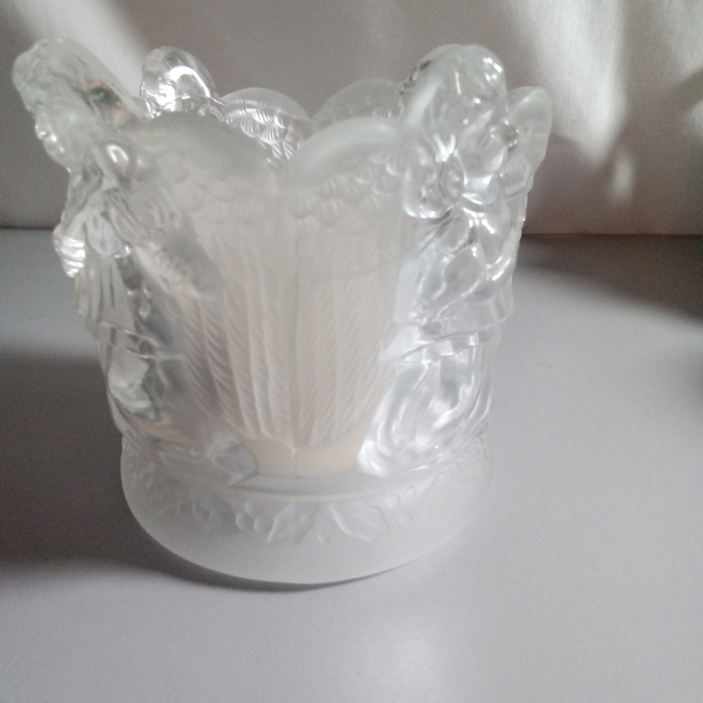 Frosted Glass Musical Angel Votive Candle Holder Cherub Relief 4.5 Inch